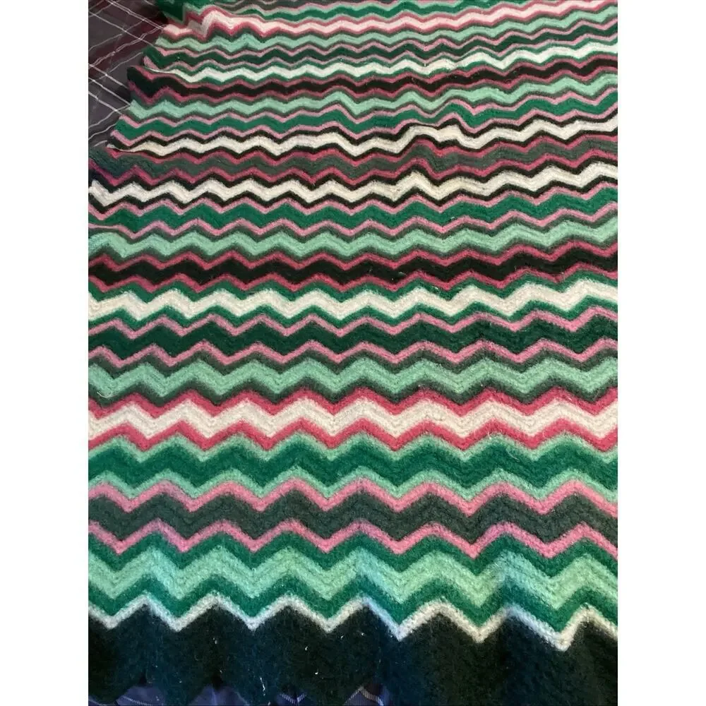 VTG Handmade Crochet Afghan Throw Blanket Zig Zag 56x48”Shades Green Red Pink